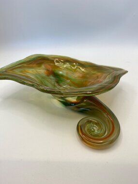 Hand-Blown Glass Bowl With Swirled Green & Amber Design Spiral Accent Handle Uni
